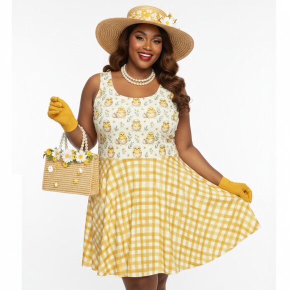 Plus Size Yellow Gingham 1950s Chick Swing Dress - Picture 4 of 9